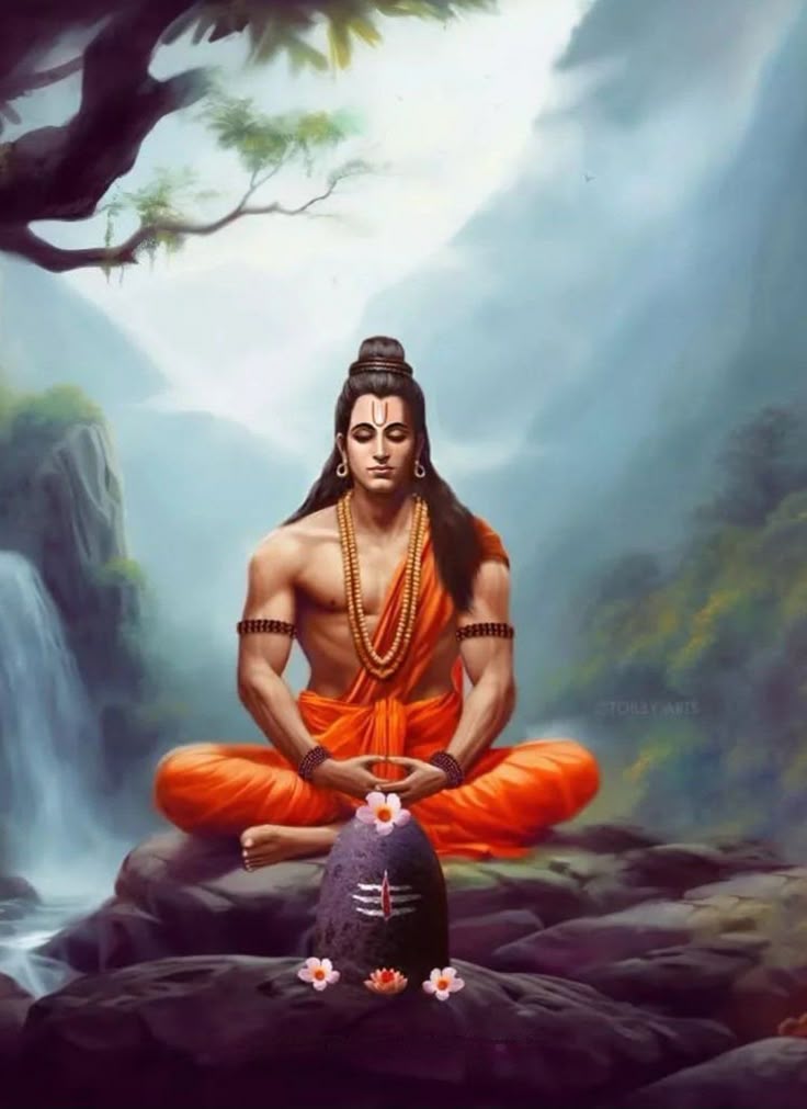Lord Ram in deep meditation before a Shivling amid a serene mountain waterfall
